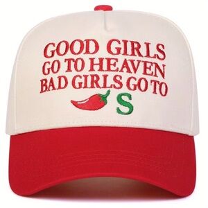 “Good Girls Go to Heaven, Bad Girls Go to Chilis” Trucker Hat (Red & White)